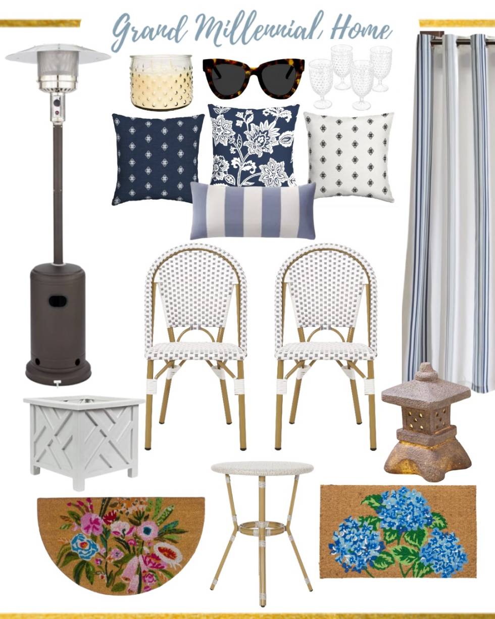 Affordable Outdoor Decor, Bistro Chairs, Outdoor Curtains, Heat Lamp, Hobnail Citronella, Pillows