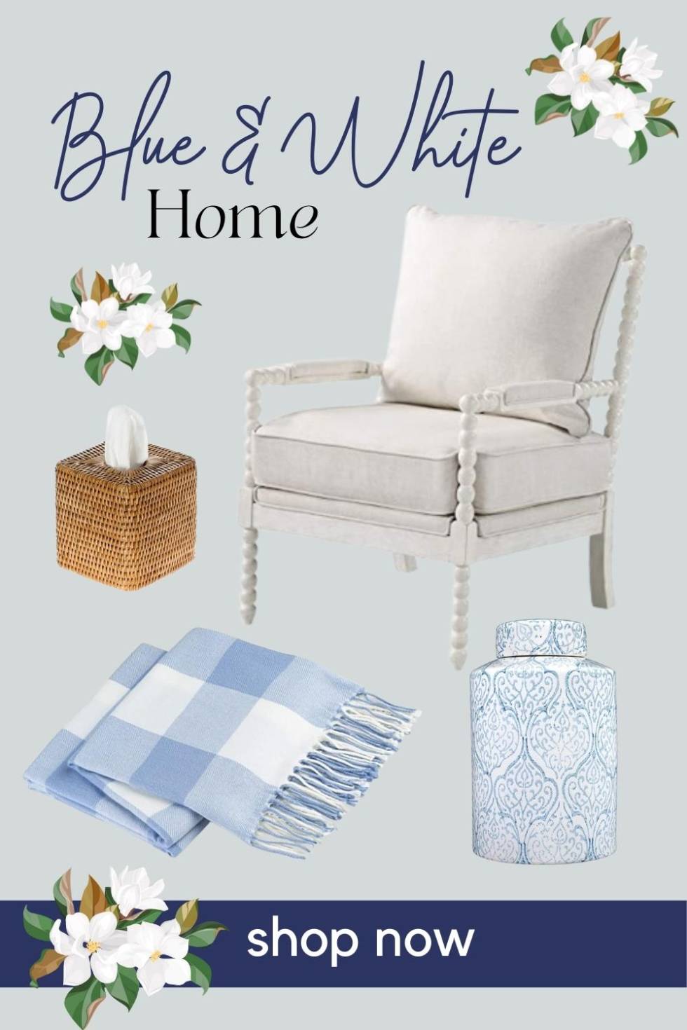 Blue & White Home | Affordable Accent Chair | Rattan Tissue Box Cover