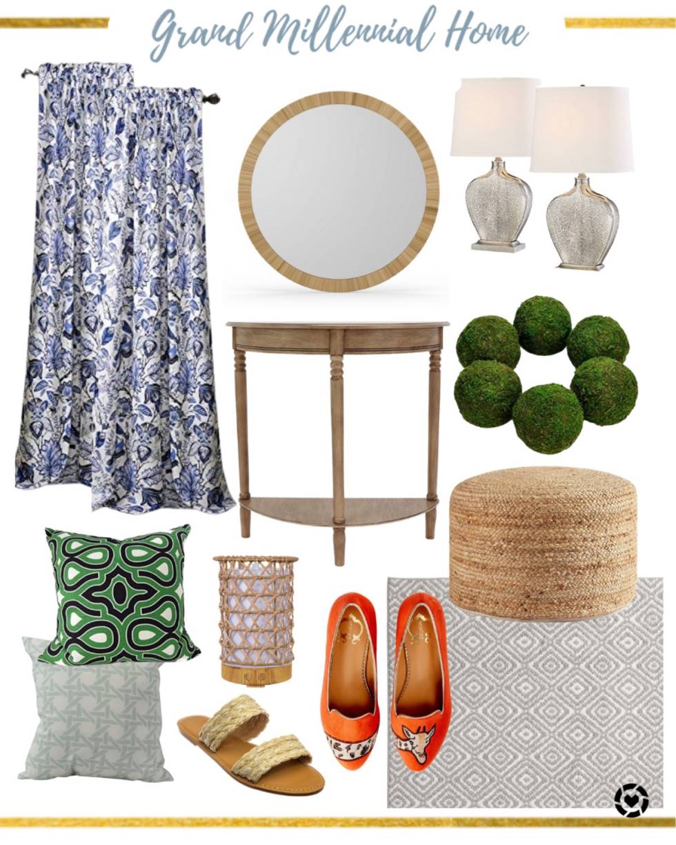Budget-Friendly Finds, Blue Curtains, Rattan Mirror, Silver Lamps, Orange Shoes, Topiary Balls