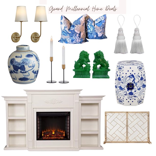 Instant Fireplace with Mantle Decor, Chinoiserie, Pillows