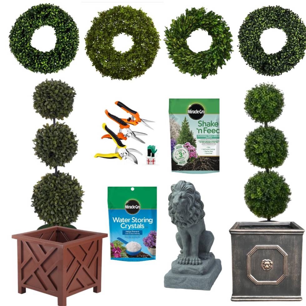 Let’s Talk Boxwoods! Faux Topiaries, Boxwood Wreaths, and Garden Tools