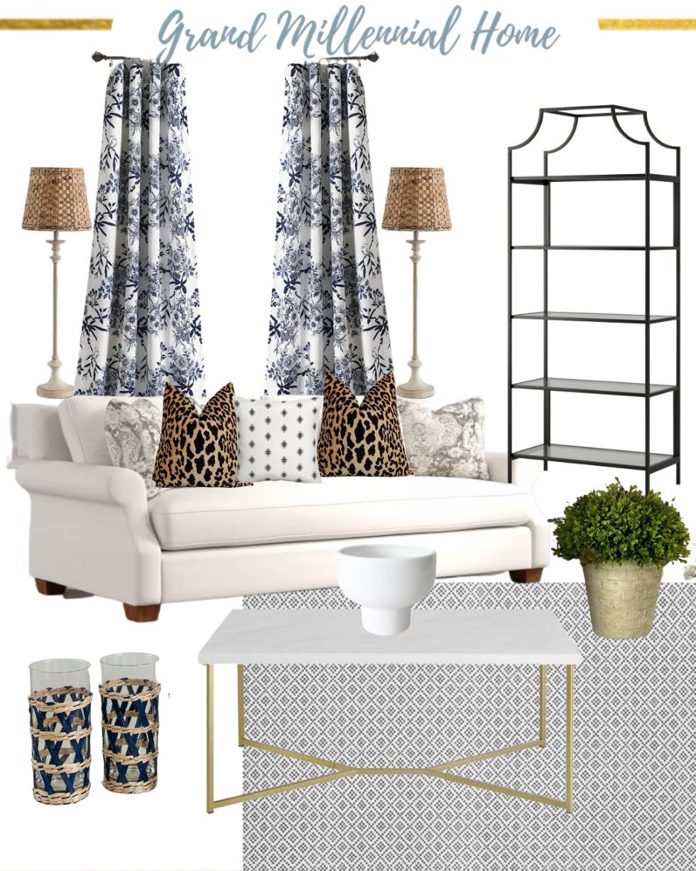 Living Room Inspiration, Woven Lampshades, Seagrass Glasses, Etageres, Leopard Pillows